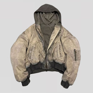Giacca Bomber Crop Personalizzata con Finitura Pesantemente Lavata, Imbottita in Cotone, con Cappuccio in Velluto a Coste - Product Image 1