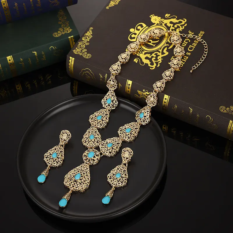 Lujo boda pulido turquesa piedras Dubai chapado en oro gota de agua collar pendiente árabe nupcial conjunto de joyería