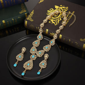2025 Mode Luxe Turquoise Plaqué Or Goutte d'Eau Traditionnel Collier Parures de Bijoux de Mariée <span class=keywords><strong>Arabe</strong></span> pour Femmes Mariage <span class=keywords><strong>Algérien</strong></span> - Product Image 1