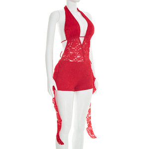 วิวิบลูค D26RP038 ชุดรอมเปอร์ฤดูร้อนสำหรับผู้หญิง ดีไซน์ใหม่ เซ็กซี่ ทรงเข้ารูป แต่งผ้าลูกไม้ คอ halter เปิดหลัง แต่งระบายขอบ ชุดรอมเปอร์แบบชิ้นเดียวสำหรับสุภาพสตรี - Product Image 5