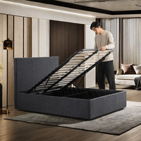 Lit moderne européen gris clair double king size en tissu doux rembourré avec rangement et cadre métallique