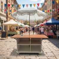 Chariot de présentation de desserts pliable mobile avec parasol, chariot de service en bois pour friandises, idéal pour mariages, fêtes, cafés, boulangeries et traiteurs