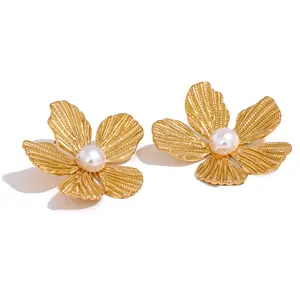 JINYOU 2322 Stainless Steel Flower Fashion Statement Stud Earrings 2023 Women Elegant Stylish Metal Charm Gold Jewelry Bijoux