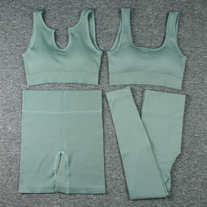 <span class=keywords><strong>Ensemble</strong></span> de sport 4 pièces pour <span class=keywords><strong>femme</strong></span> : Soutien-gorge de sport côtelé sans couture à rayures, débardeur, haut à manches longues et collants moulants en nylon/spandex anti-humidité - Product Image 6