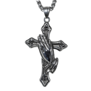 Collier pendentif croix ornée en acier inoxydable 316L avec perles de chapelet mains en prière 3D pour homme, bijoux vintage gothique, style motard, audacieux et rétro - Product Image 1