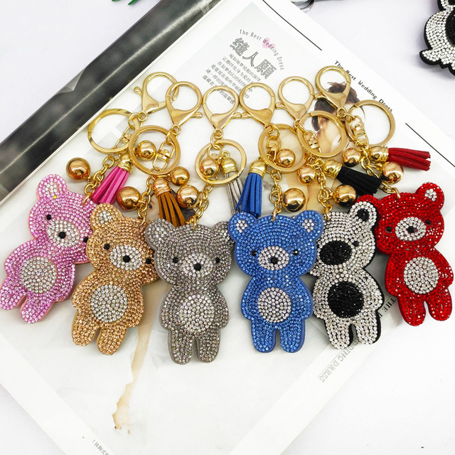 Fashion Bag Charm Multi Color Bling Crystal Teddy Bear Keychain for Women
