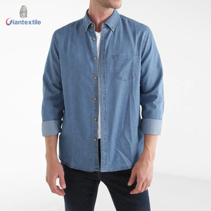 Camicia in Denim da <span class=keywords><strong>uomo</strong></span> in cotone poliestere a manica lunga moda blu tinta unita Camisa De Hombre - Product Image 2