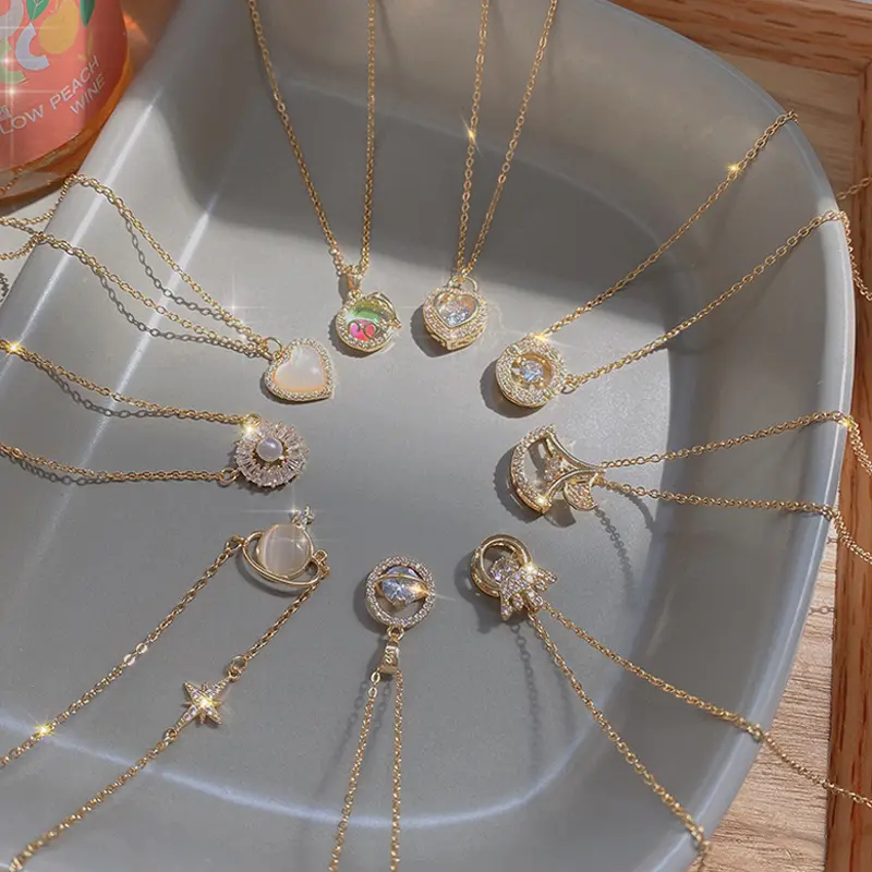 Luxury Fine Jewelry Minimalist Flower Pendant Stainless Steel Necklaces Bling Rhinestone Crystal Heart Necklace