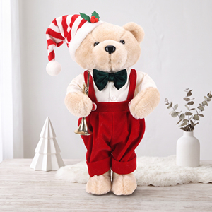Beige Striped Hat Trumpet Teddy Bear Plush Standing Xmas Figure for Retail Shelf Holiday Decor Bulk - Product Image 2