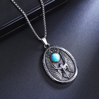 Nouveau collier pendentif rond en acier inoxydable style européen rétro, motif aigle turquoise, tendance hip-hop