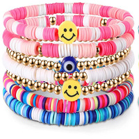 Enfant Rose Bleu Coloré Argile Fruit Souriant Visage Perlé Bracelet Doux En Céramique Élastique Bracelet Ensemble Pour Enfants