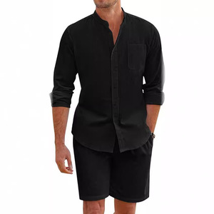 Completo Due Pezzi Estivo Traspirante in Cotone e <span class=keywords><strong>Lino</strong></span> con Bottoni a Maniche Lunghe e Pantaloncini, Abbigliamento Casual da <span class=keywords><strong>Uomo</strong></span> per la Spiaggia Stile Hip Hop - Product Image 3