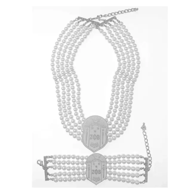 Multi Layer Delta Sigma Sorority Beaded Large Size White Zeta Phi Beta Shield Crest Pearl Bracelet Necklace Sets
