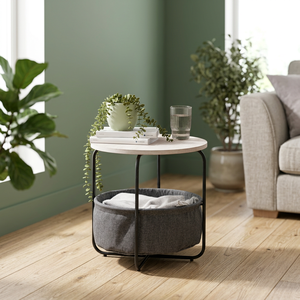 Modern Round Side Table with Fabric <b>Storage</b> Basket Wooden Top Iron Frame - Product Image 3