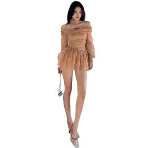 Off The Shoulder Pleated Dress Women Autumn Long Sleeve Apricot Solid Color Cake Style Short Skirt Waist Cinching Slim Fit - Product Image 5