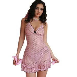 Chemise de nuit en mousseline de soie à pois roses, sans manches, sexy, longueur genou, vêtements de nuit pour femmes, robe d'été - Product Image 4