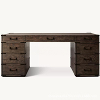 Bureau d'écriture RH Cayden en bois massif gris clair avec six tiroirs et compartiment ouvert, écologique, style vintage pour bureau à domicile