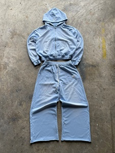 Quần Áo sản xuất tùy chỉnh quá khổ trống aicd rửa 2 miếng Zip Up hoodie rộng chân loe baggy Sweatpants Set - Product Image 1