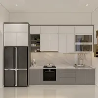 佛山キッチンキャビネットメーカー白とグレーの高光沢キッチンデザインキッチンキャビネット大型冷蔵庫付き
