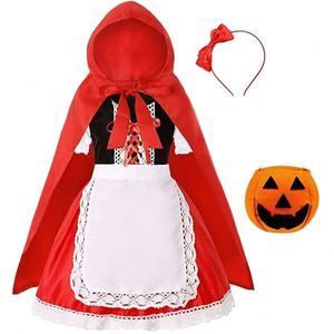 Disfraz de Caperucita Roja para Niñas, Vestido con Delantal de Encaje y Capa con Capucha, Conjunto de Disfraz de Halloween con Bolso de Calabaza - Product Image 1