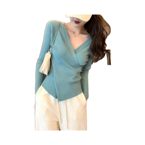 <span class=keywords><strong>2022</strong></span> femmes décontracté à manches longues croix mince haut en tricot col en v <span class=keywords><strong>pull</strong></span> pour les automnes hivers en gros bas chemise motif solide - Product Image 1