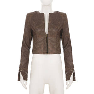 Autunno nuova moda cappotto Patchwork <span class=keywords><strong>in</strong></span> <span class=keywords><strong>pelle</strong></span> con perline da <span class=keywords><strong>donna</strong></span> con cerniera profonda con scollo a V a manica lunga <span class=keywords><strong>giacca</strong></span> Crop - Product Image 5