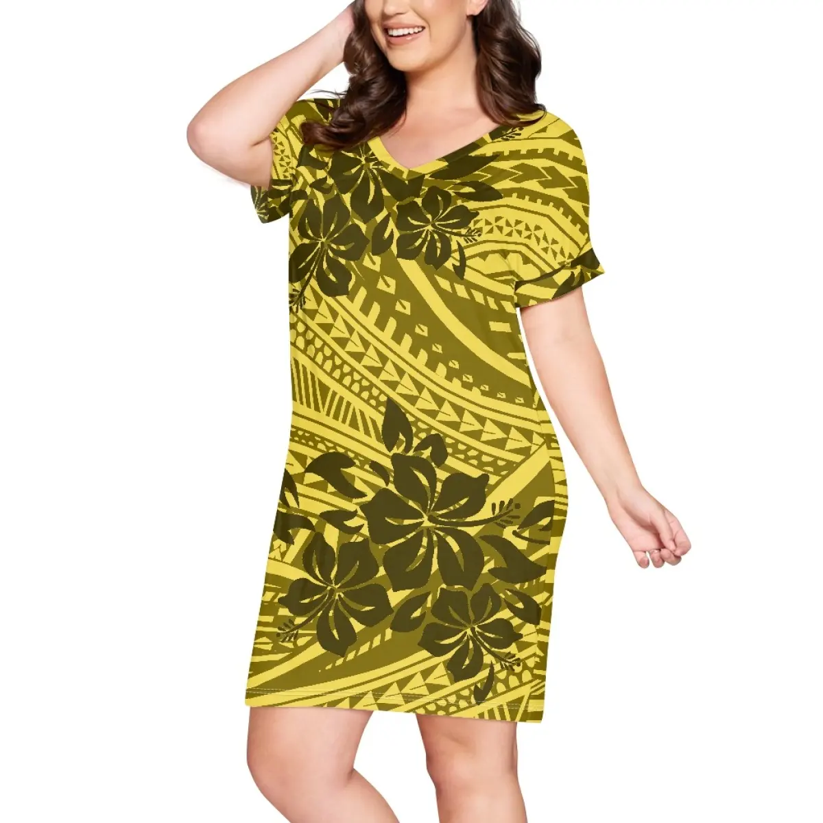 Großhandel Plus Size Kurzarm Kleid Polynesian Tattoo Style V-Ausschnitt Midi Kleider Lose Casual Damen röcke Daily Wear