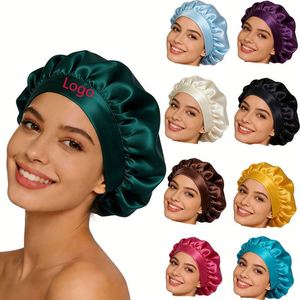 Bonnet de nuit en soie personnalisé avec logo, vente en gros, bonnets de sommeil en satin de couleur unie pour femmes - Product Image 1