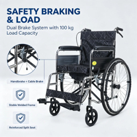 Fauteuil roulant pliable avec accoudoirs rembourrés en tissu 600D, roulettes avant, repose-pieds et frein à main pour les soins à domicile et en milieu hospitalier