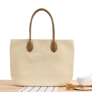 Bolsa de ombro para praia em palha clássica, sacola de couro pu com alças, feita à mão