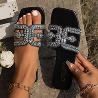 Sandales plates à bout carré en strass de style coréen pour femmes, respirantes et légères, idéales pour le printemps et la maison, faciles à enfiler
