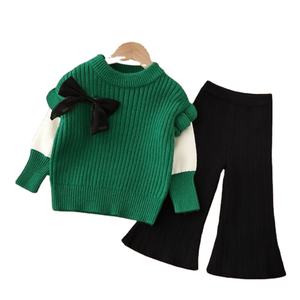 Completo casual due pezzi per <span class=keywords><strong>bambina</strong></span> Autunno Inverno 2026, 100% cotone, maglione con motivo a tinta unita, <span class=keywords><strong>giacca</strong></span> in maglia con scollo e maglia intima, taglia 3 - Product Image 1