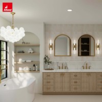 Meuble-lavabo de salle de bain Alland en bois naturel avec miroir et éclairage, style moderne, plan de travail en ardoise, vasque en pierre frittée