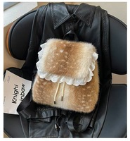 Sac à dos en fausse fourrure imprimé cerf pour femme, collection Hiver 2026, avec garniture en dentelle moelleuse et cordon de serrage, sacs à dos en peluche décontractés pour femme, sac d'école ODM