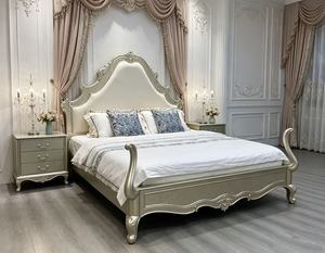 Premium Queen Size Champagne Finish <b>Bed</b> With Cream Upholstered Ornate Carved Cabriole Leg For French Rococo Bedroom - Product Image 2