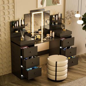 Miroir de coiffeuse moderne avec éclairage LED Wenfeng OEM/ODM avec <span class=keywords><strong>8</strong></span> <span class=keywords><strong>tiroirs</strong></span>, 6 étagères, 3 modes d'éclairage, coiffeuse de salle de bain réglable - Product Image 3
