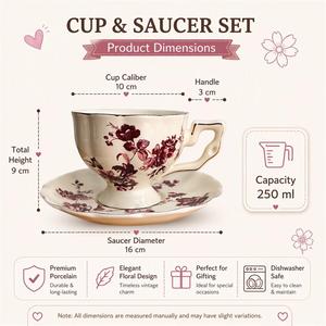 Set Vintage di Tazza e Piattino in Porcellana Rossa con Motivi <span class=keywords><strong>Floreali</strong></span> e Bordo Dorato, Tazza <span class=keywords><strong>da</strong></span> Caffè su Piedistallo per Tè del Pomeriggio e Arredamento Casa - Product Image 3