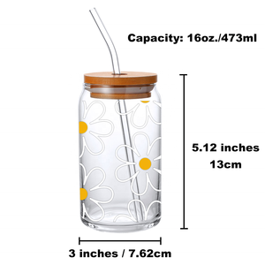 <span class=keywords><strong>Margherita</strong></span> bianca 16oz libey in vetro con coperchio di bambù e paglia può modellare il vetro con disegno floreale Boho per il succo di latte ghiacciato al caffè - Product Image 5