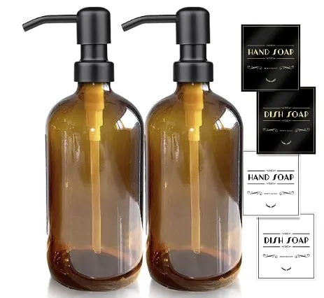 Set Dispenser sabun kaca Amber, 2 pak botol guci Pint Amber tebal dengan pompa hitam baja tahan karat dan label tahan air 16Oz