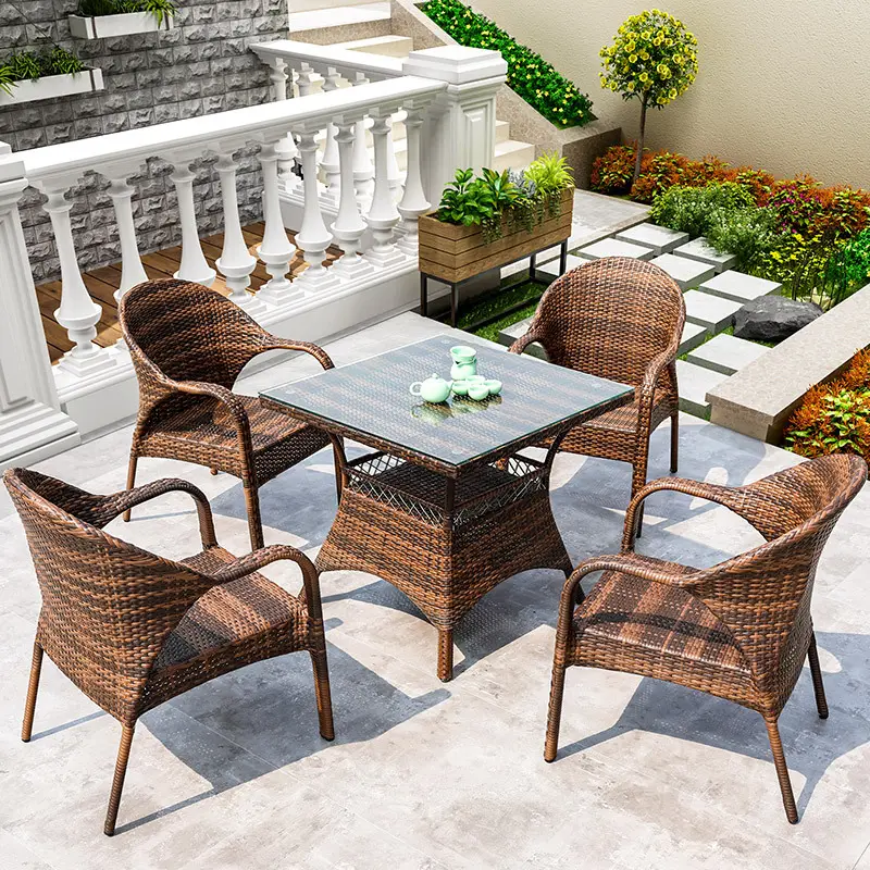 Manufacturer Wholesale Outdoor Garden Rattan Woven Coffee Tables Courtyard Balconies Rattan Woven Tables Chairs Set