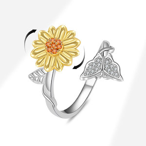 Rotating Flower Open <b>Rings</b> Butterfly Micro Insert Zircon Copper Gold Plated Designer <b>Stress</b> Relief Jewelry For Women - Product Image 2