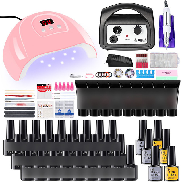 FENGFLY Nail Art UV Lamp Gel Kits 12 Colors Tool Brush Remover File Pusher Nail Tips Glue Set with Nail Drill