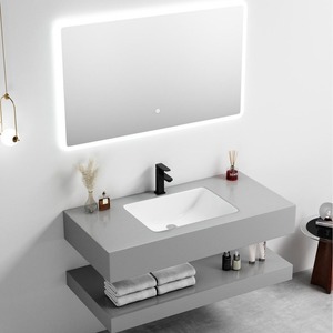 Meuble-lavabo de salle de bain en marbre gris CR 100 cm avec miroir LED intégré et lavabo intégré - Product Image 5