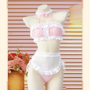 Conjunto de lencería rosa con encaje para mujer, estilo linda y femenina, de 2 piezas, suave, de viscosa, sin mangas, uniforme para juegos de rol. - Product Image 1