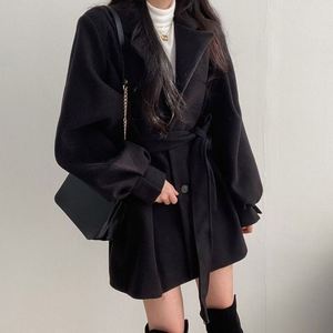Manteau décontracté pour femme automne-hiver, style coréen, col tailleur, manches bouffantes, couleur unie, boutonné, coupe ajustée et ample, avec ceinture - Product Image 2