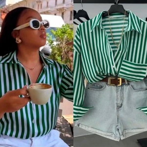 Camisa a Rayas de Manga Larga con Cuello Mandarín Tejida a Crochet, Estilo Retro Vintage para Mujer, Verano 2025 - Product Image 4