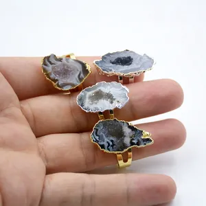 天然批发Geode玛瑙戒指免费形式金电镀可调Druzy宝石可调整大小的戒指