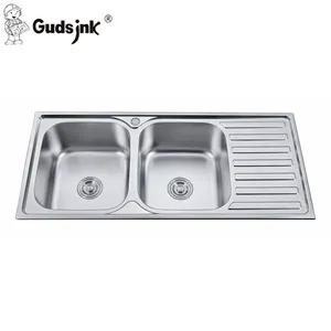 Gudsink Hot Sale Tradition Double Bowl With Drain Board Stainless Steel Sink Size Kitchen Sink