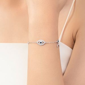S925 silver Gold Plated Eye Chain <b>Bracelet</b> With Blue Crystal And H Charm Minimalist Women's Everyday Wear Jewelry - Product Image 3