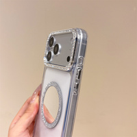 Coque de téléphone magnétique à paillettes avec anneau et miroir de maquillage pour iPhone 18 17 Pro Max 16 15 14 13, avec cadre d'appareil photo en strass brillant et protection intégrée